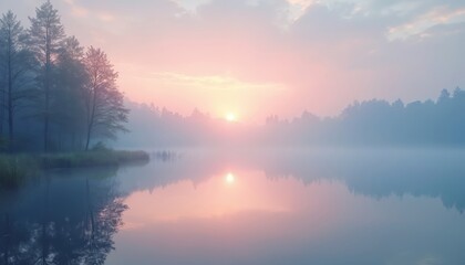 Fototapeta premium Mistly dawn over calm lake with pastel colored sky. Sun rises through trees reflecting on still water surface. Serene forest landscape at daybreak with soft pink and blue hues.