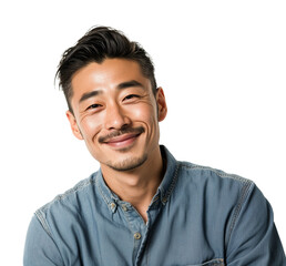Obraz premium Close up portrait of handsome young Japanese man smiling at the camera isolated on transparent png background.
