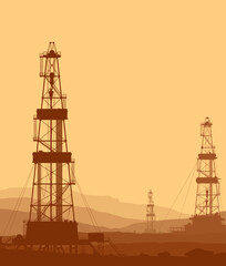 Oil and Gas Drilling Rigs over mountains view. Detail night vector illustration