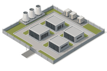 Fototapeta premium Isometric industrial facility with cooling towers and buildings on white background