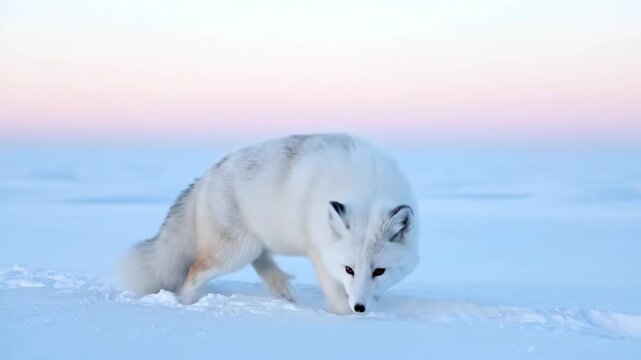 A beautiful white arctic fox walking in the cold snow during a pastel sunset in the tundra.