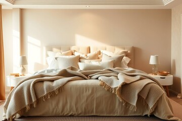 A warm and inviting bedroom scene, featuring a king-sized bed with soft, plush bedding. The bed is adorned with decorative pillows and surrounded by cozy throw blankets