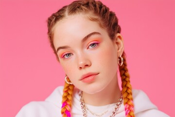 
photo teenager in white sweatshirt, a bit of chunky pastel jewelry, she has vcolorful big kanekalon braids