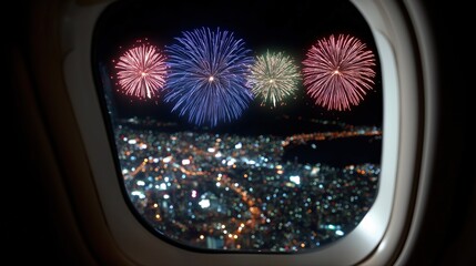 Fototapeta premium Blurred fireworks over cityscape viewed from airplane window at night