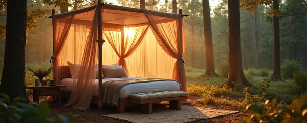 Four poster bed under sheer curtains in forest at dawn. Sun light streams through trees illuminating canopy tent. Peaceful nature scene for romantic escape or glamping vacation.