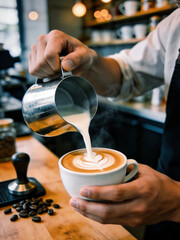 A barista is pouring milk into a cup of coffee