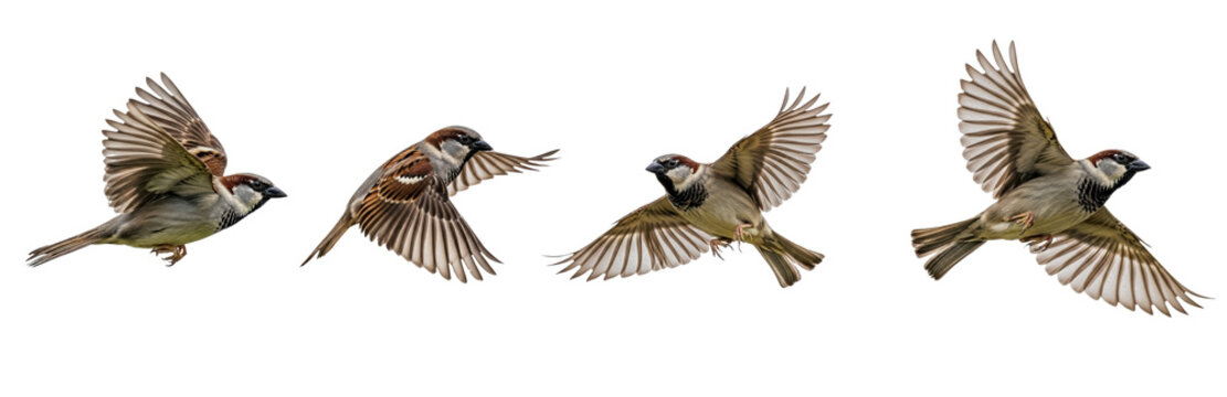 Set Of House sparrow bird in various poses isolated on transparent background, Flying Sparrow PNG 