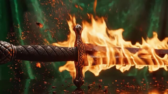 Ancient sword engulfed in intense flames against a dark green backdrop