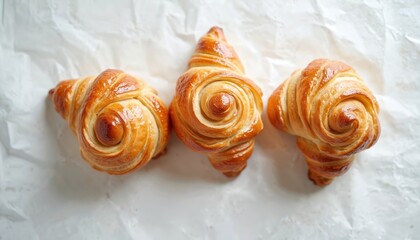 Three golden croissants rest on white paper. These flaky pastries display layered texture and buttery sheen. They represent a delicious breakfast treat or afternoon indulgence.