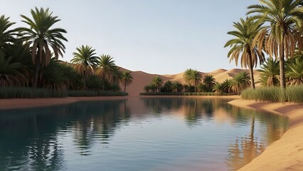 Desert Oasis with Palm Trees and Reflecting Blue Water Amidst Golden Sand Dunes.
