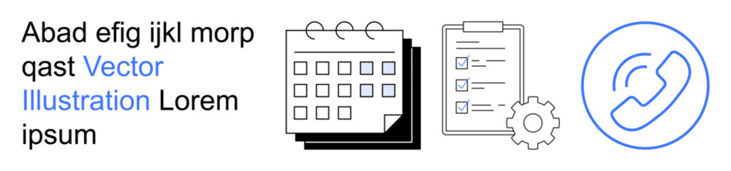Time management, task tracking, planning, workflow organization, business communication, scheduling tools. Calendar, checkbox list and phone icon with cogwheel. Time management and task tracking