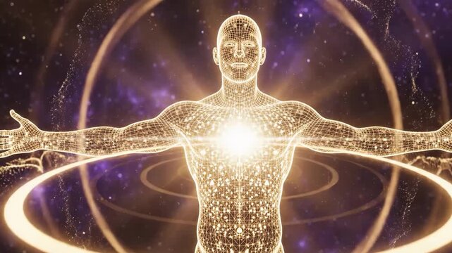 Wireframe human aura energy field in cosmic starry background