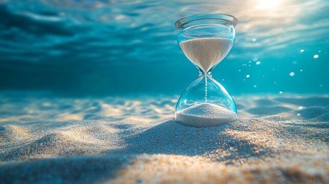 A symbolic glass hourglass buried in glowing underwater sand with sunlight streaming through the ocean surface, representing timeless patience, fragile life, balance of nature, mystery of eternity.
