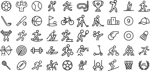 Sport icon set with 50 dynamic fitness and athletics symbols for training, competition, team sports and healthy lifestyle graphics in professional vector SVG format