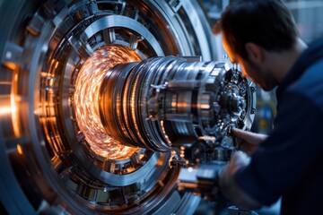 A person works on a complex industrial machine with glowing energy inside.