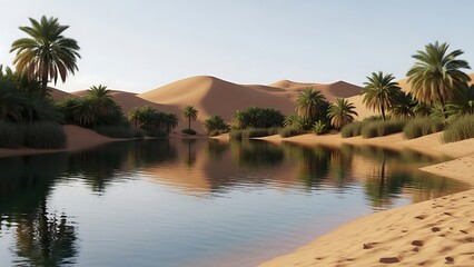 Desert Oasis with Palm Trees and Sand Dunes Reflecting in Tranquil Water.