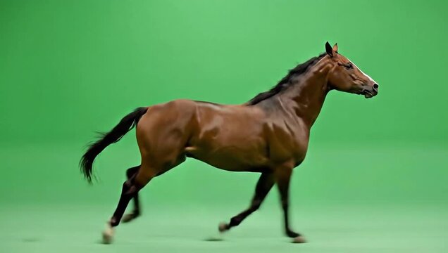 Brown horse running on green screen background
