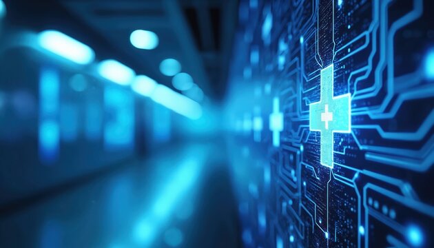 Digital medical circuit board with glowing blue cross symbol. Futuristic technology background with abstract data lines and lights. Innovation in healthcare and science.