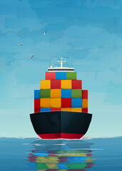Front view of a cargo, container ship on the open sea. Seascape composition, background vector illustration.