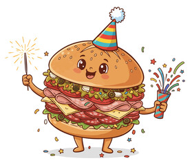 Muffuletta sandwich cartoon character. Ultimate Birthday burger celebrate with sparkler and confetti. Festive burger ready to celebrate New Year with smile and good vibes. Holiday food celebrating.