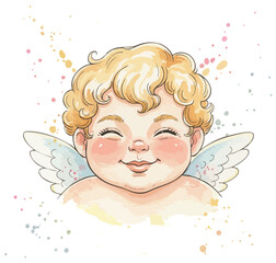 Happy cherub portrait. Smiling little angel. Watercolor cupid vector illustration. Blissful baby angel. Golden-haired blond cherub. Pastel valentine's day angel with wings