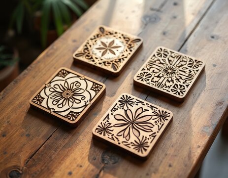 Four square wooden coasters with intricate laser cut floral patterns rest on a rustic wooden table. These decorative drink holders add a natural, handmade touch to any home setting.