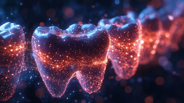 A futuristic 3D visualization of human teeth connected by glowing light networks, digital health, medical innovation, dental care technology, science progress, and modern advancements in healthcare. - Powered by Adobe
