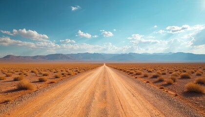 Obraz premium Desert road stretching to horizon under blue sky with clouds. Barren landscape with dry brush and distant mountains. Empty path leads through arid terrain.