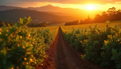Fototapeta premium Rows of green macadamia nut trees stretch towards mountains at sunset. Golden sunbeams illuminate a vast agricultural plantation. Peaceful rural landscape with mountains in background during twilight.