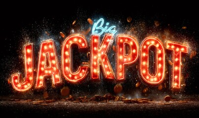 Big jackpot message illuminating with light bulbs and blue neon glow, surrounded by sparkling glitter dust and falling golden coins