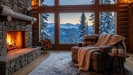 Warm Winter Cabin Interior Fireplace Glow Snowy Mountain View Cozy Lodge Retreat.