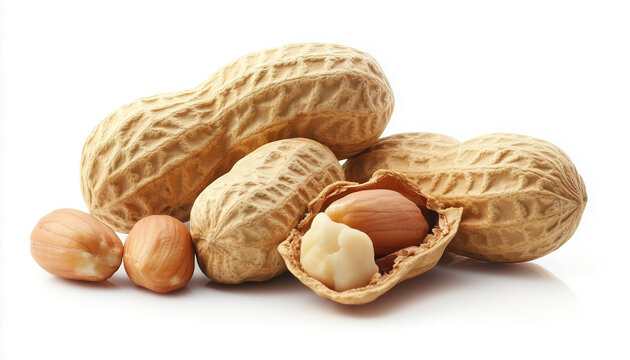 Peanuts, whole and half nuts, isolated on white background