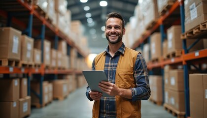 Smiling man holds tablet in busy warehouse aisle filled with shelves of cardboard boxes. He wears vest over plaid shirt, checks inventory, manages logistics, and oversees distribution.