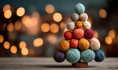 Colorful yarn balls stacked creatively into a festive christmas tree shape on a rustic wooden table with warm bokeh lights in background