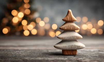Wooden christmas tree decoration standing on a rustic wooden table, featuring warm festive bokeh lights in the background