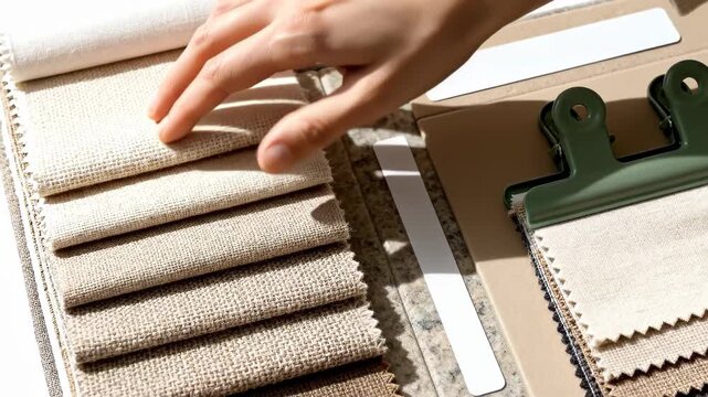 Close up of a hand running over stacked samples of beige upholstery fabric in a design studio