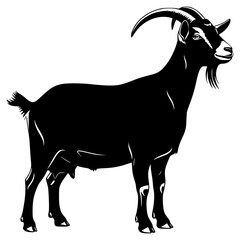 A black and white silhouette of a goat standing on a plain background, animal, black, goat, illustration, image, profile, ram, stand, trumpet, against transparent background