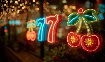 Vibrant neon sign displaying 777 and cherry symbols, glowing brightly against a blurred background of city lights at night