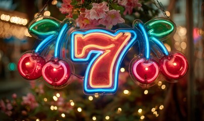 Glowing neon sign featuring two cherries and the number seven, symbolizing luck and gambling. Bokeh lights blur in the background