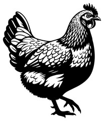 A black and white illustration of a chicken, black, chicken, cock, hen, illustration, profile, stand, white, against transparent background