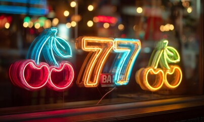 Casino window displaying glowing neon cherries and lucky seven symbols, representing gambling, entertainment, and luck at night