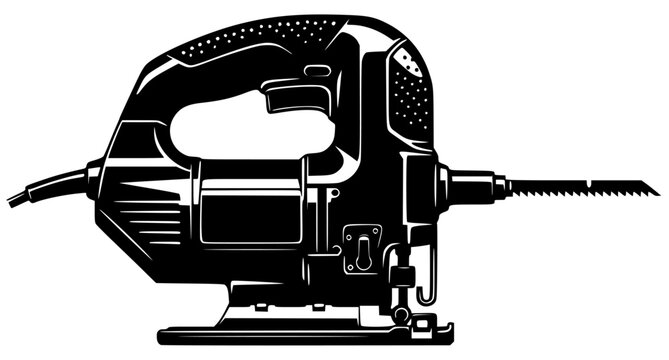 A black and white illustration of a jig saw, black, blade, chain saw, drill, equipment, icon, illustration, profile, saw, screwdriver, tool, against transparent background