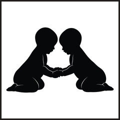 Silhouette of two babies holding hands while sitting on white background infants toddlers