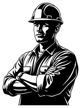 a black and white silhouette of a construction worker wearing a hard hat with his arms crossed