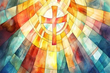 Obraz premium watercolor postcard bright colors fill space as cross stands at center of stained glass. Sunlight shines through, creating mix of color patterns across area during day