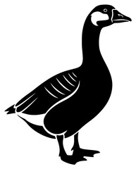 A black and white silhouette of a goose standing on a , beak, bird, black, duck, goose, illustration, image, profile, stand, white, against transparent background