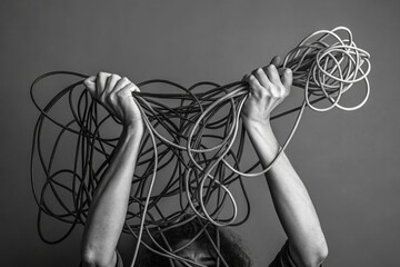 Tangled cables representing confusion and chaos in a creative studio environment