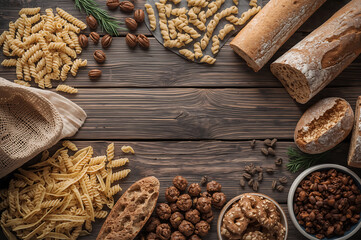 Premium gluten-free pasta and bread selection arranged on textured wood