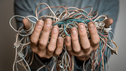 Hands holding tangled cables illustrating confusion in a chaotic layout studio environment horizontal view