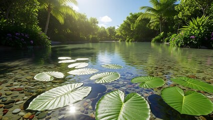 Serene Tropical River with Lily Pads Clear Water Lush Jungle and Sunlight Reflections.